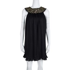 Alice + Olivia Black Embellished Neck Detail Sleeveless Silk Trapeze Dress